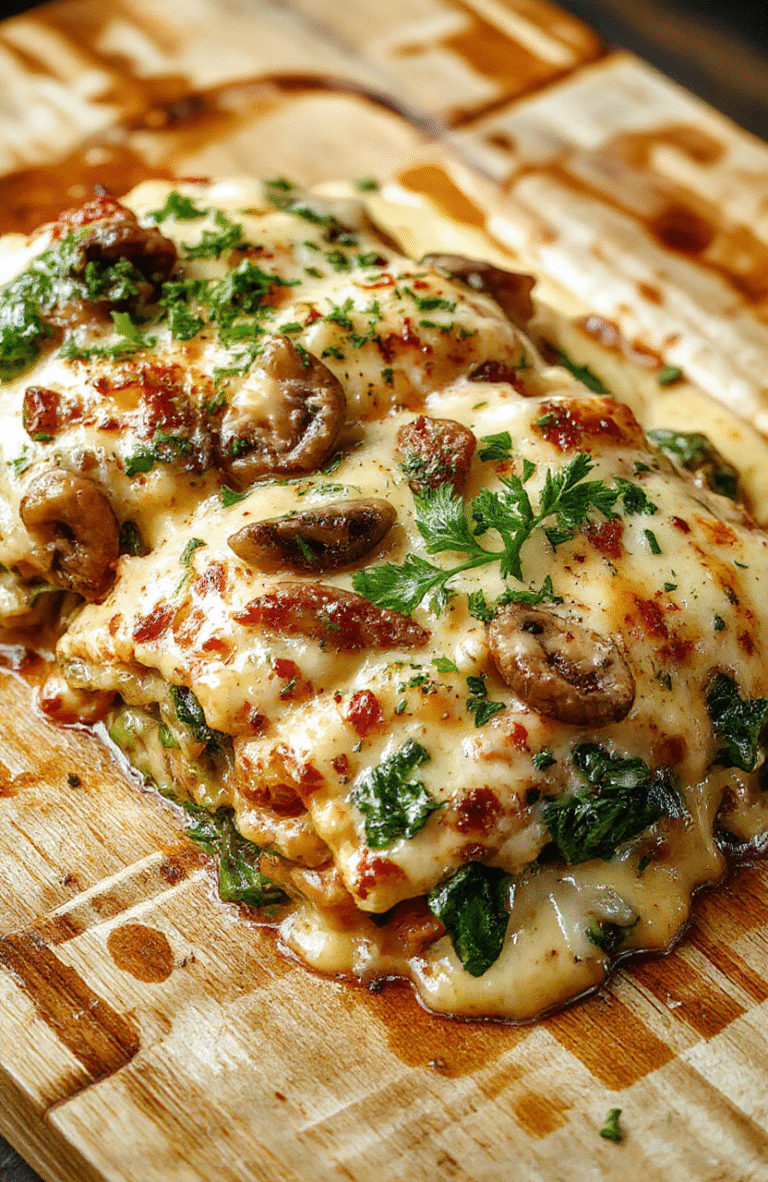 A colorful lasagna slice with layers of creamy mushroom and vibrant spinach, topped with melted cheese, served on a rustic wooden plate with fresh herbs, showcasing textures of melted cheese, sautéed mushrooms, and tender spinach, styled simply for an inviting home-cooked look.