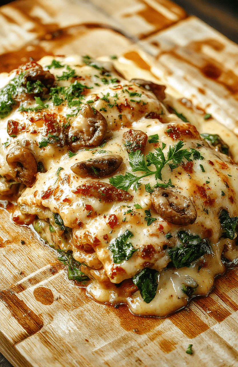 A colorful lasagna slice with layers of creamy mushroom and vibrant spinach, topped with melted cheese, served on a rustic wooden plate with fresh herbs, showcasing textures of melted cheese, sautéed mushrooms, and tender spinach, styled simply for an inviting home-cooked look.
