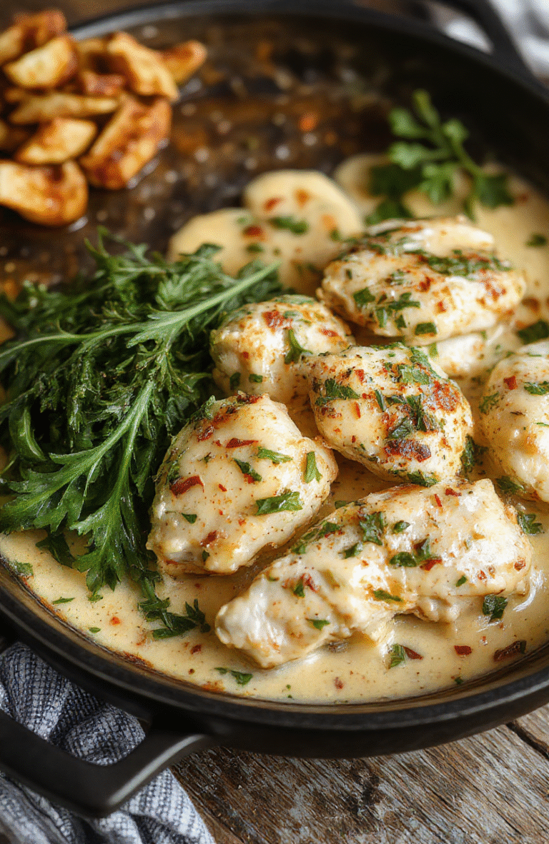 A vibrant chicken skillet garnished with fresh herbs, featuring tender shredded chicken coated in a creamy sauce with sliced pepperoncini peppers, served on a rustic wooden table with a creamy backdrop, textured surface and colorful ingredients adding visual appeal.