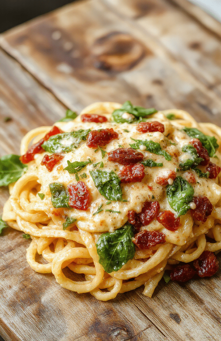 A vibrant plate of creamy sun-dried tomato spinach spaghetti with fresh green spinach leaves, cherry tomatoes, and grated cheese on top, plated on a rustic wooden surface with a sprinkle of herbs, showcasing rich textures and colorful ingredients.