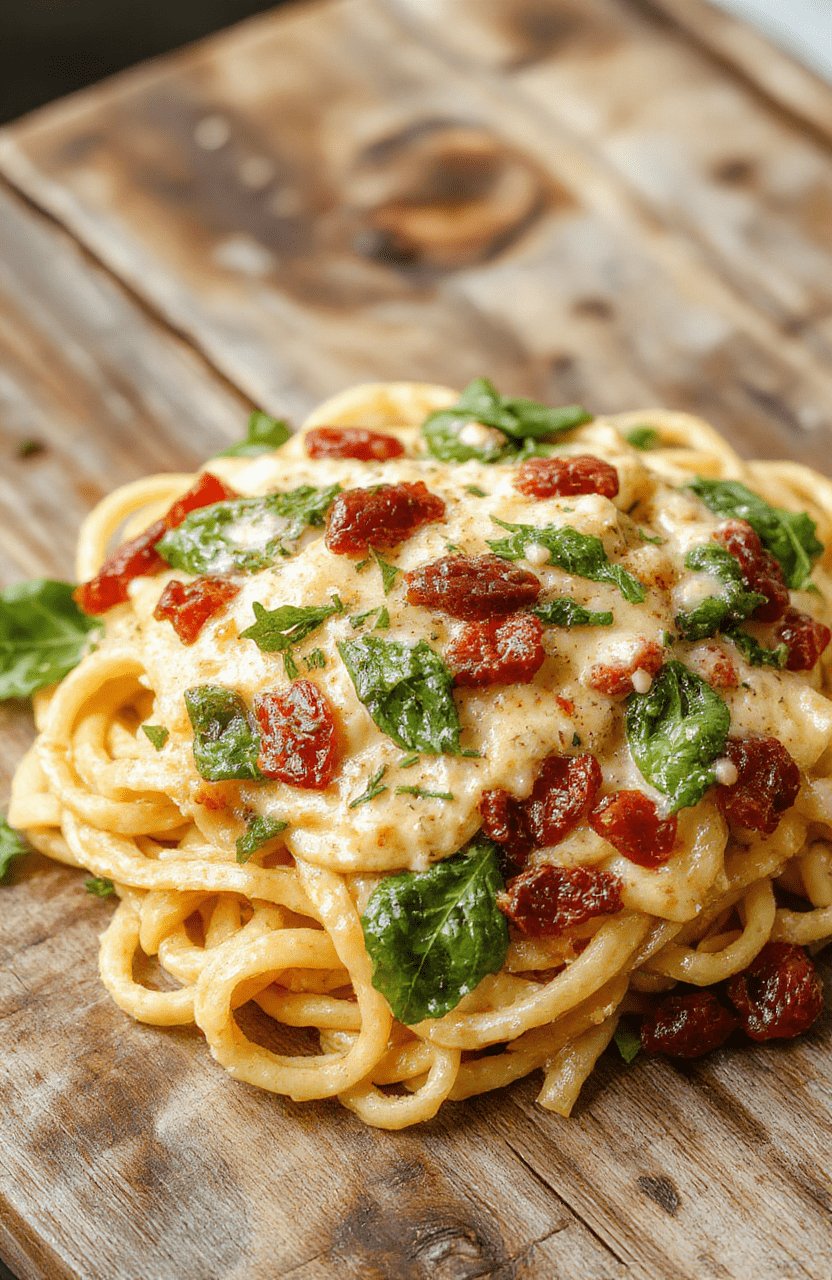A vibrant plate of creamy sun-dried tomato spinach spaghetti with fresh green spinach leaves, cherry tomatoes, and grated cheese on top, plated on a rustic wooden surface with a sprinkle of herbs, showcasing rich textures and colorful ingredients.