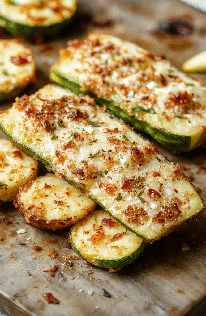 Golden crispy baked zucchini slices topped with melted parmesan cheese, arranged on a rustic white plate with a sprinkle of herbs, vibrant green zucchini contrasting with the golden crust, inviting and flavorful presentation.