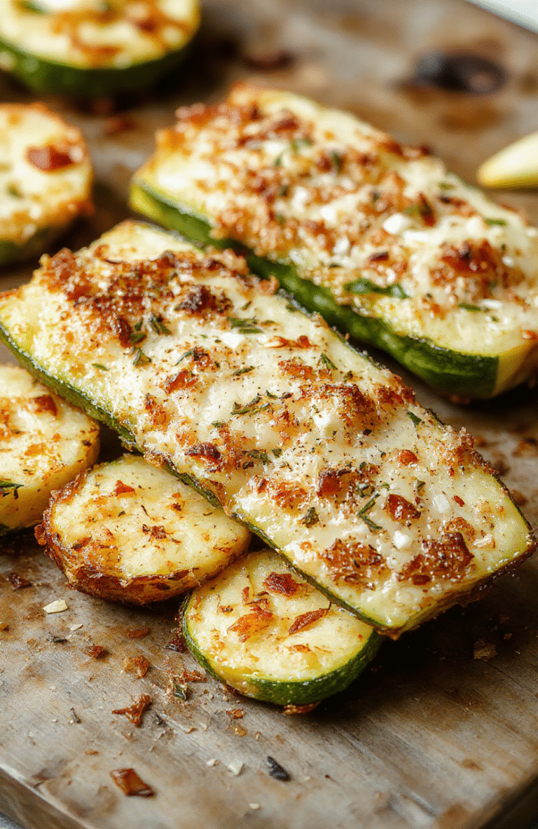 Golden crispy baked zucchini slices topped with melted parmesan cheese, arranged on a rustic white plate with a sprinkle of herbs, vibrant green zucchini contrasting with the golden crust, inviting and flavorful presentation.