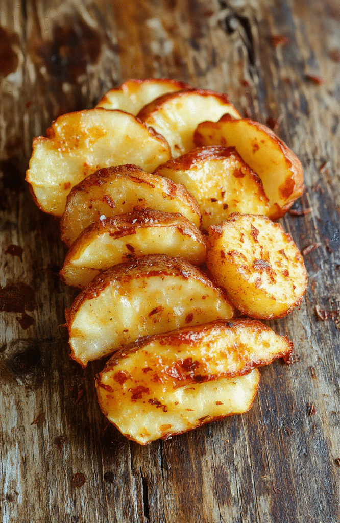 A stack of golden crispy baked potato slices arranged on a rustic wooden plate, garnished with fresh herbs. The slices have a crunchy texture on the outside and tender inside, with a hint of seasoning visible. Soft natural light highlights the golden color and crispy edges, styled simply to emphasize the dish's rustic appeal.