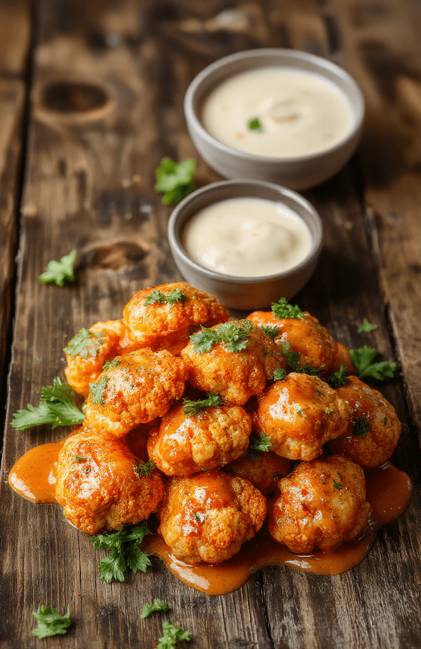 Golden crispy buffalo cauliflower florets coated in spicy sauce, served on a stylish white plate with a vibrant orange hue, garnished with fresh parsley, surrounded by a few scattered celery sticks, styled on a rustic wooden table with natural light highlighting the textures and colors.