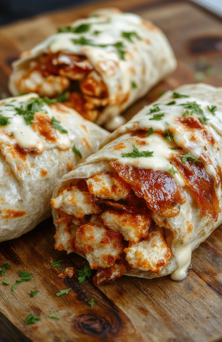 Colorful crispy chicken bacon ranch wraps neatly arranged on a rustic wooden platter, showcasing golden-brown breaded chicken, crispy bacon slices, fresh green lettuce, and a drizzle of creamy ranch dressing, styled with some herbs and vibrant ingredients to emphasize freshness and texture.