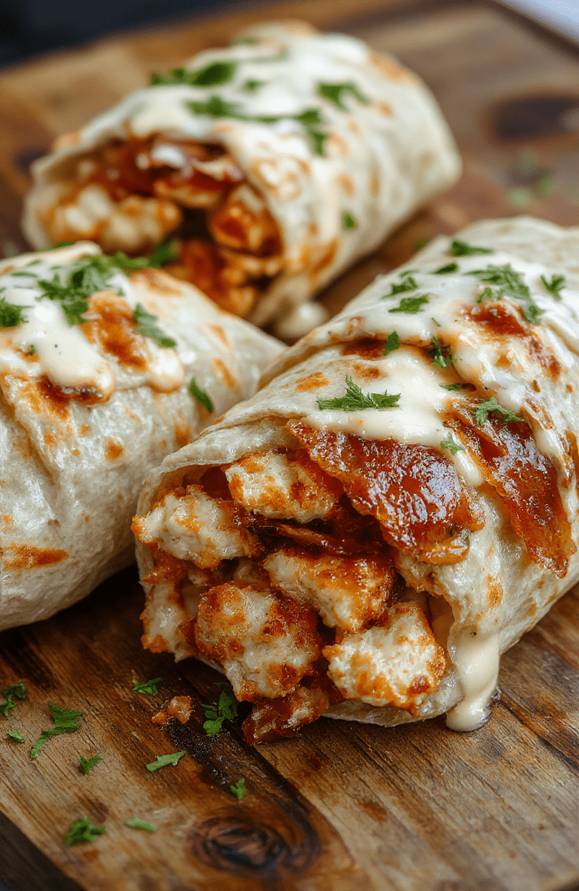 Colorful crispy chicken bacon ranch wraps neatly arranged on a rustic wooden platter, showcasing golden-brown breaded chicken, crispy bacon slices, fresh green lettuce, and a drizzle of creamy ranch dressing, styled with some herbs and vibrant ingredients to emphasize freshness and texture.