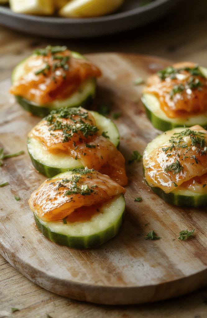 Colorful cucumber slices topped with delicate smoked salmon, cream cheese, and fresh dill, arranged in an elegant platter with a neutral background, highlighting the textures and vibrant colors.