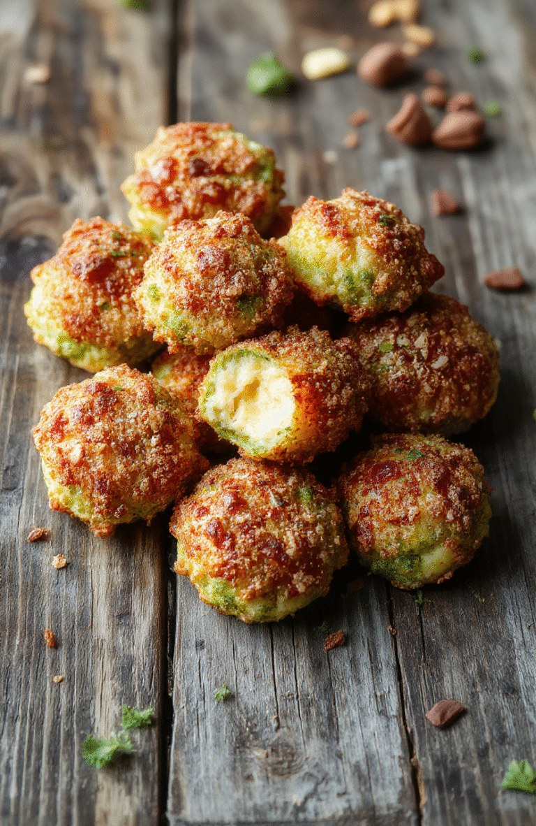 A close-up of crispy broccoli cheese rounds arranged on a white ceramic plate, golden brown edges, vibrant green broccoli inside, sprinkled with fresh herbs, garnished with a drizzle of melted cheese, styled on a rustic wooden surface with natural lighting highlighting textures.