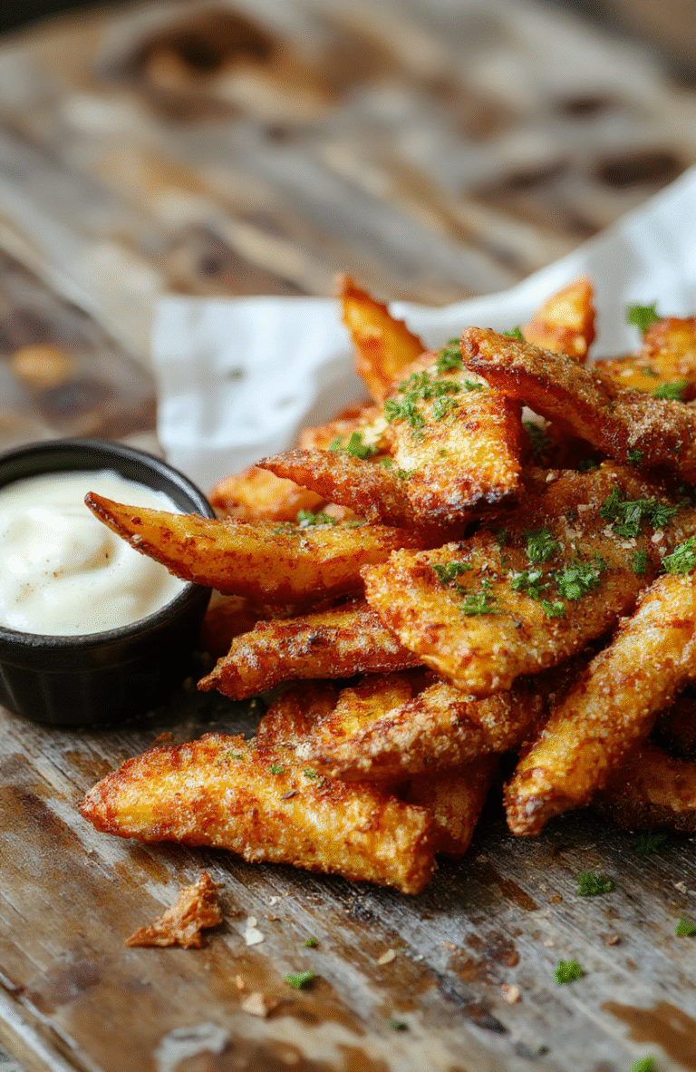 A vibrant plate of golden crispy baked sweet potato fries arranged neatly with a side of fresh green herbs. The fries have a crunchy exterior with a fluffy interior visible at the broken ends. The scene features a rustic wooden table with a small bowl of dipping sauce, enhancing the warm, inviting atmosphere. Natural light highlights the textures and rich color of the fries, styled simply to emphasize their crispiness.