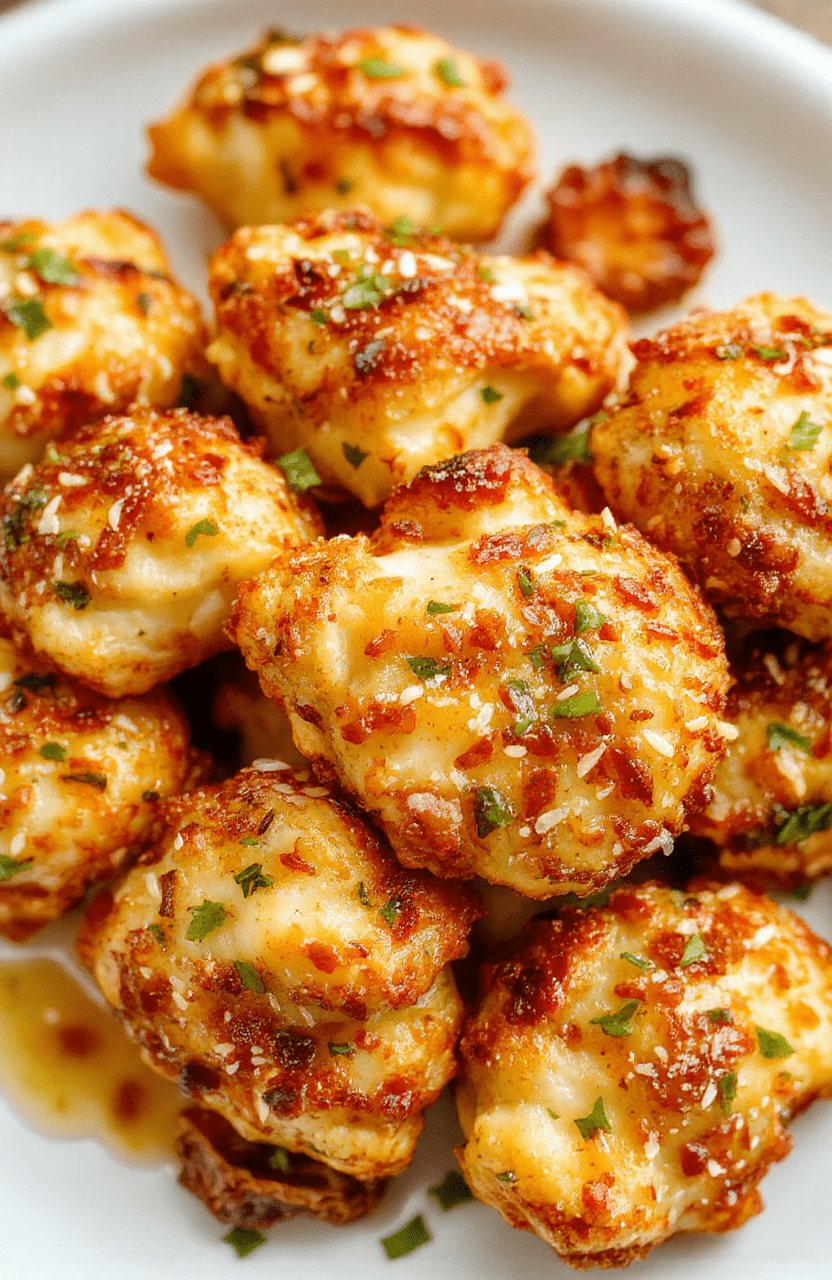 Golden crispy cauliflower florets coated in sesame seeds, served on a white plate with a glossy glaze, garnished with green onions, shot in natural daylight with soft shadows, styled simply