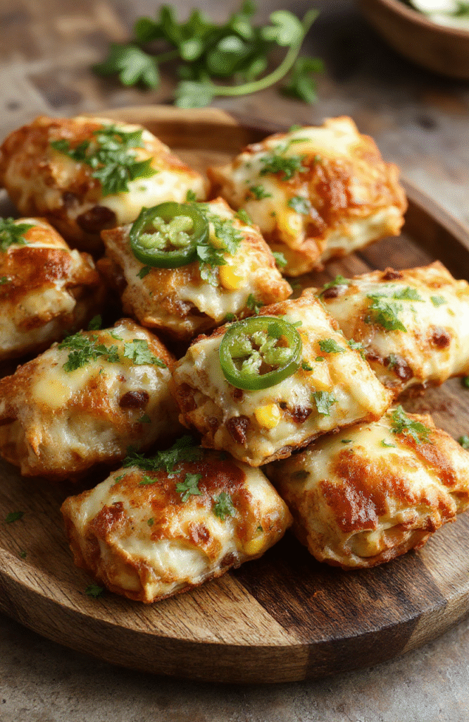 A close-up of golden-brown Southwest egg rolls on a rustic wooden plate, filled with colorful ingredients like corn, black beans, and cheese, garnished with fresh cilantro and sliced jalapenos, with a crispy texture visible, styled casually.