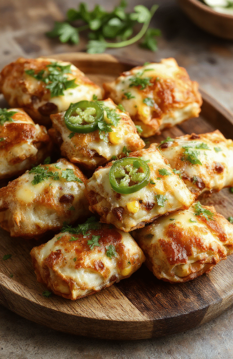 A close-up of golden-brown Southwest egg rolls on a rustic wooden plate, filled with colorful ingredients like corn, black beans, and cheese, garnished with fresh cilantro and sliced jalapenos, with a crispy texture visible, styled casually.