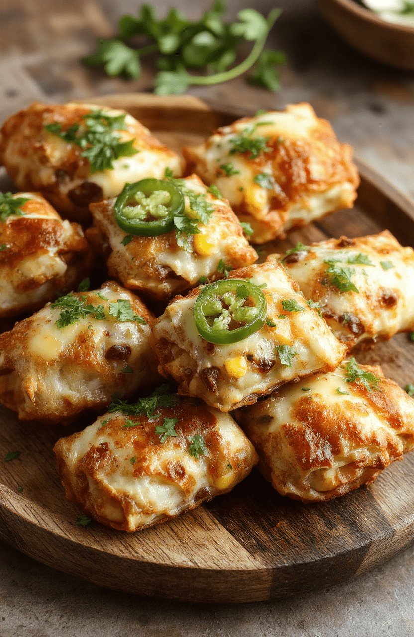 A close-up of golden-brown Southwest egg rolls on a rustic wooden plate, filled with colorful ingredients like corn, black beans, and cheese, garnished with fresh cilantro and sliced jalapenos, with a crispy texture visible, styled casually.