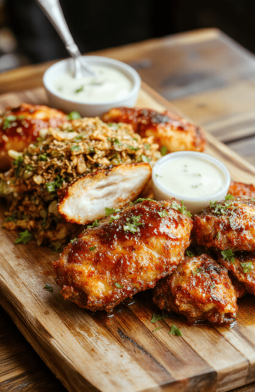 A golden-brown baked chicken drumstick coated with a glossy hot honey glaze, garnished with red pepper flakes and sesame seeds, presented on a rustic wooden platter with fresh herbs, showcasing a crispy texture and vibrant sweet-spicy appeal.