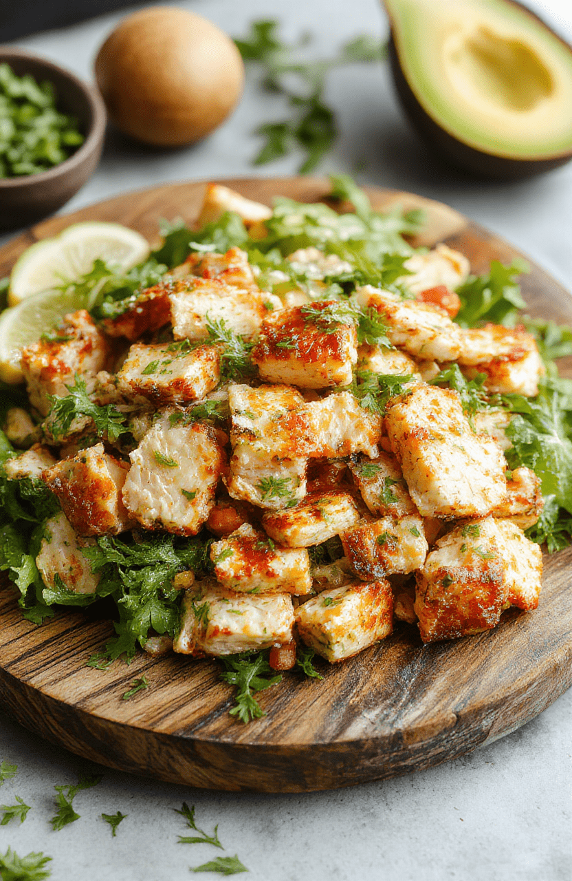A vibrant plate of crunchy dill pickle chicken salad featuring shredded chicken, diced dill pickles, fresh herbs, and a creamy dressing, beautifully arranged on a rustic wooden platter with colorful vegetables and crispy pita chips in the background, textured and inviting.
