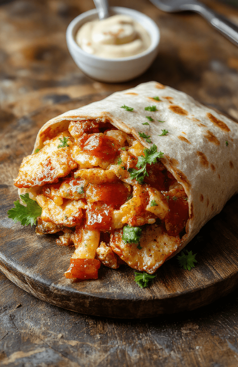 A vibrant low carb crunchwrap supreme on a rustic wooden plate, featuring golden browned tortillas filled with colorful fresh vegetables, melted cheese, and seasoned meat, garnished with a sprig of cilantro, styled simply with natural light highlighting textures and colors.