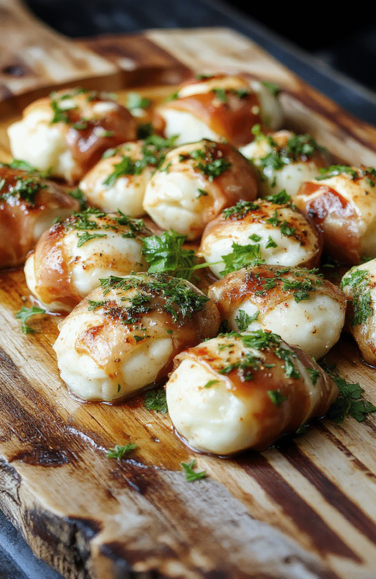Golden brown prosciutto wrapping plump, creamy mozzarella balls on a rustic wooden platter, garnished with fresh basil leaves, with a blurred background of a festive table setting showcasing the appetizer's crispy texture and colorful presentation.