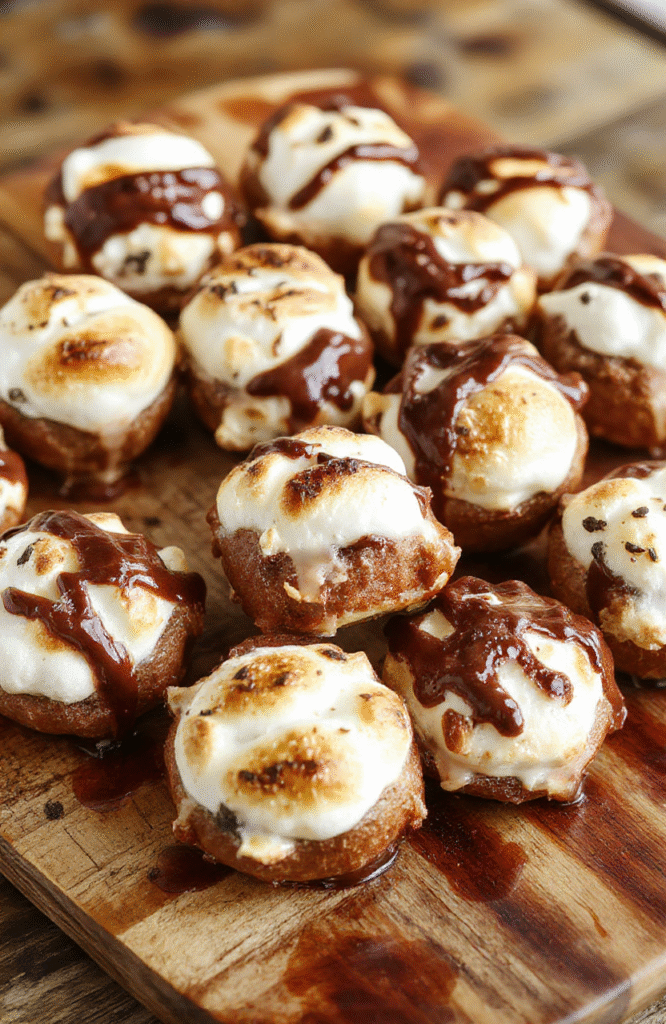 Colorful platter of S'mores Pretzel Bites with shiny chocolate drizzles, golden pretzel bases, and toasted marshmallow tops arranged on a rustic wooden tray