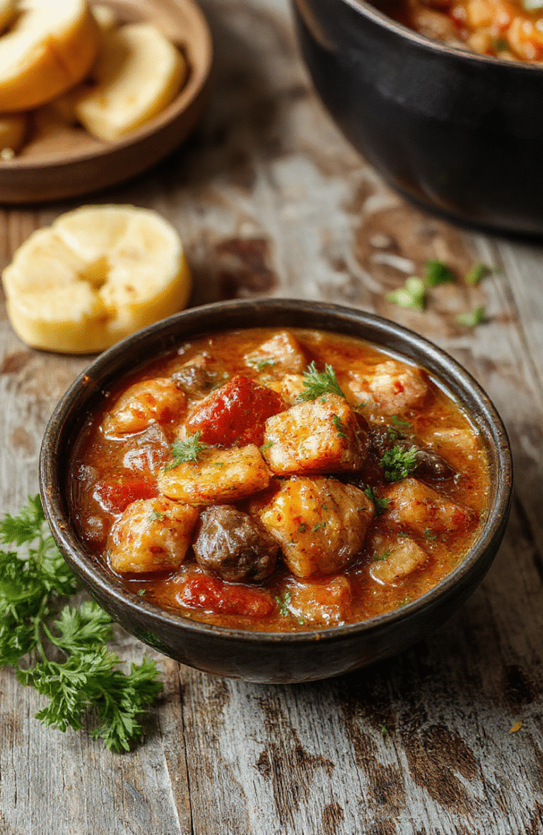 A hearty bowl of Crock Pot Poor Man's Stew with chunks of tender beef, potatoes, carrots, and herbs, steam rising in a rustic white bowl, set on a wooden table with fresh vegetables around, warm earthy tones with hints of green herbs, inviting and comforting presentation.