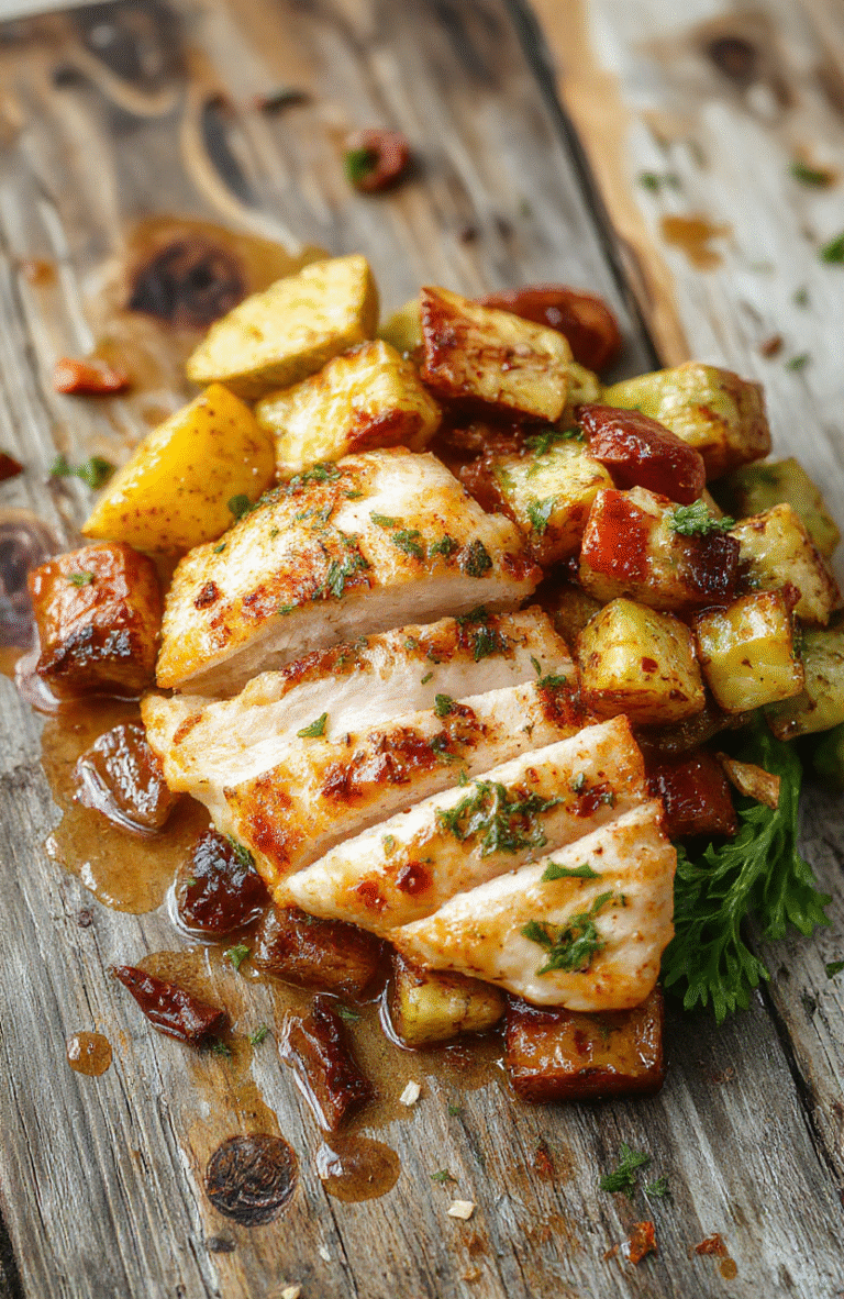 A vibrant plate featuring golden-brown air fryer chicken breasts surrounded by colorful roasted vegetables including bell peppers, zucchini, and cherry tomatoes, all styled simply on a white plate with fresh herbs sprinkled on top, set against a rustic wooden table with natural light highlighting the textures and colors.