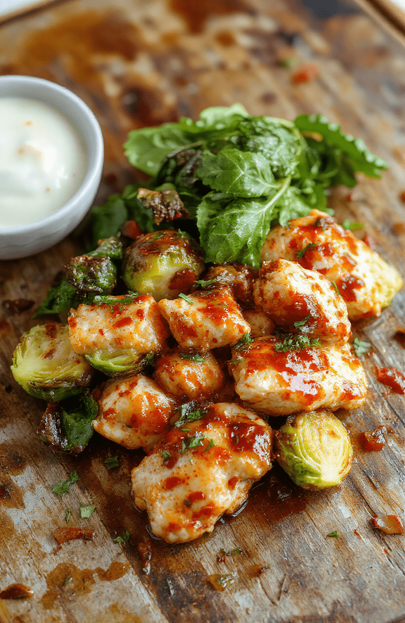 Colorful dish of crispy glazed chicken bites with tender Brussels sprouts, arranged on a white plate with a drizzle of sweet chili sauce, garnished with fresh cilantro, vibrant red and green hues, textured crispy chicken contrasting with leafy greens, styled simply for a modern, appetizing presentation.