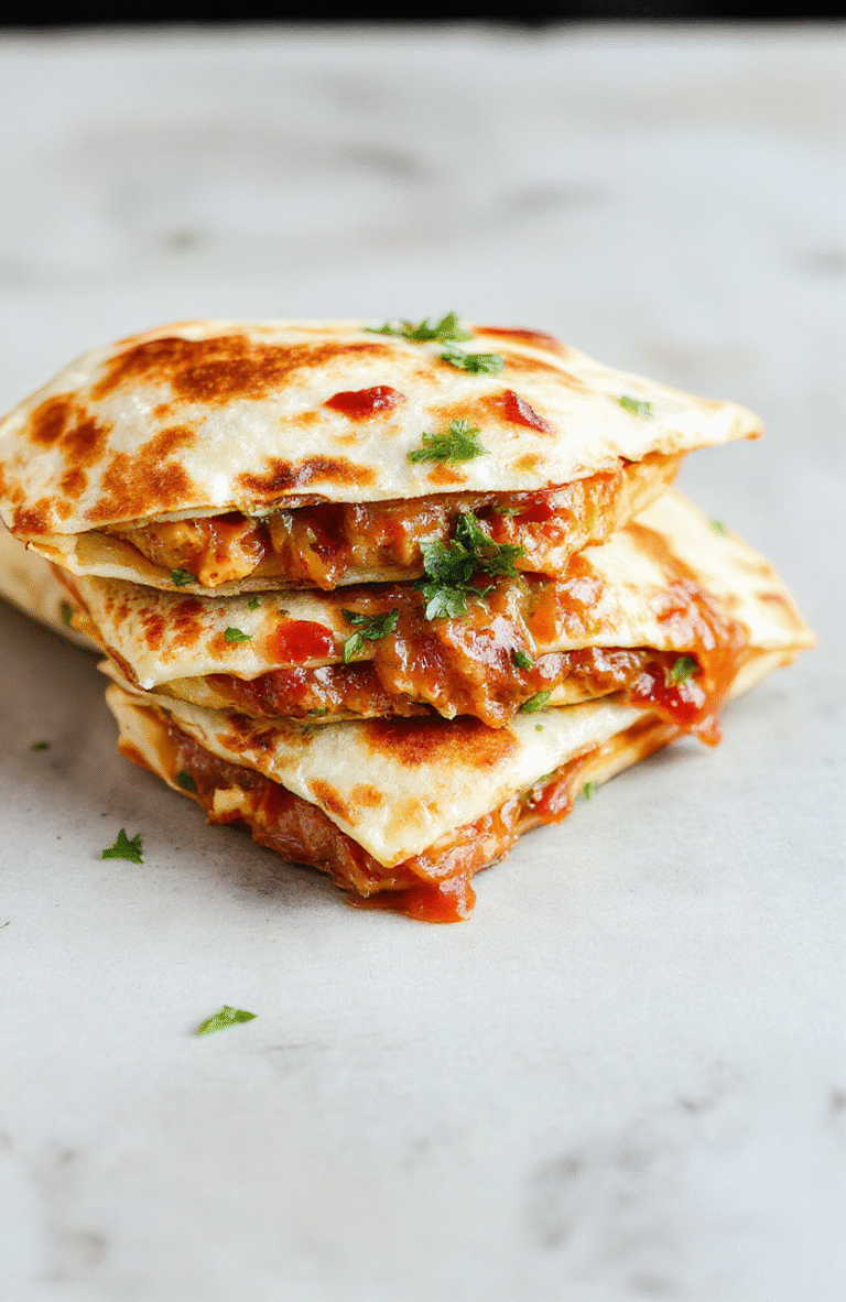 A vibrant close-up of a cheesy BBQ chicken quesadilla sliced open to reveal tender shredded chicken, melted cheese, and smoky barbecue sauce, served on a rustic wooden plate with a slightly crispy golden crust and fresh cilantro garnish, styled simply with a neutral background.