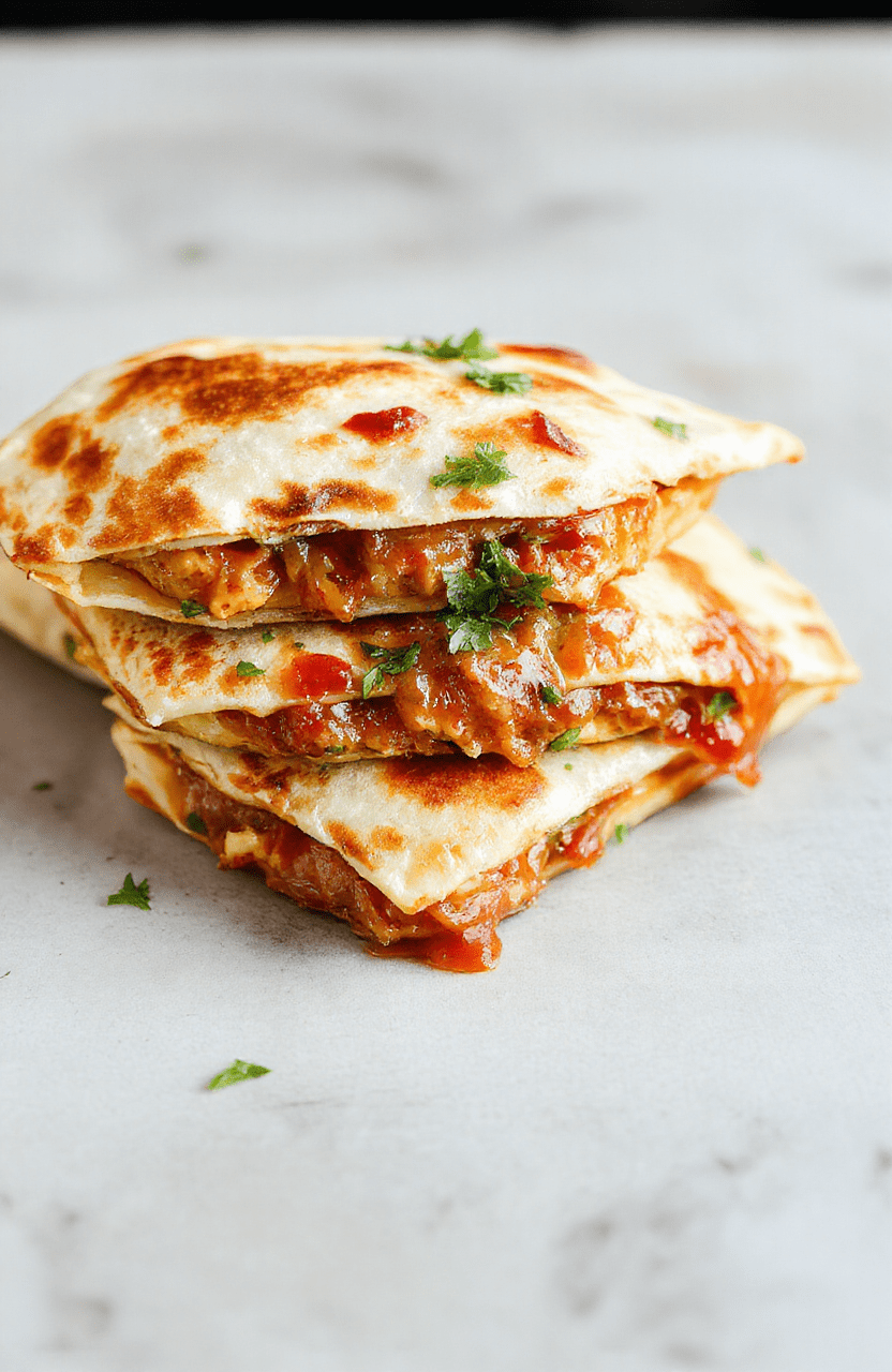 A vibrant close-up of a cheesy BBQ chicken quesadilla sliced open to reveal tender shredded chicken, melted cheese, and smoky barbecue sauce, served on a rustic wooden plate with a slightly crispy golden crust and fresh cilantro garnish, styled simply with a neutral background.