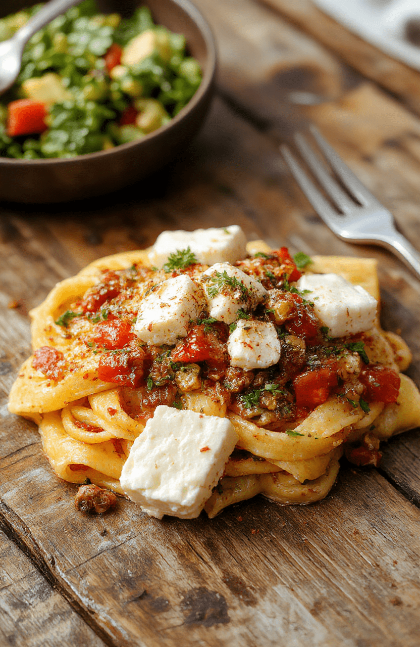 A vibrant plate of baked feta and veggie pasta garnished with fresh herbs, featuring creamy feta cheese melting over colorful cherry tomatoes, spinach, and zucchini on a rustic wooden table.