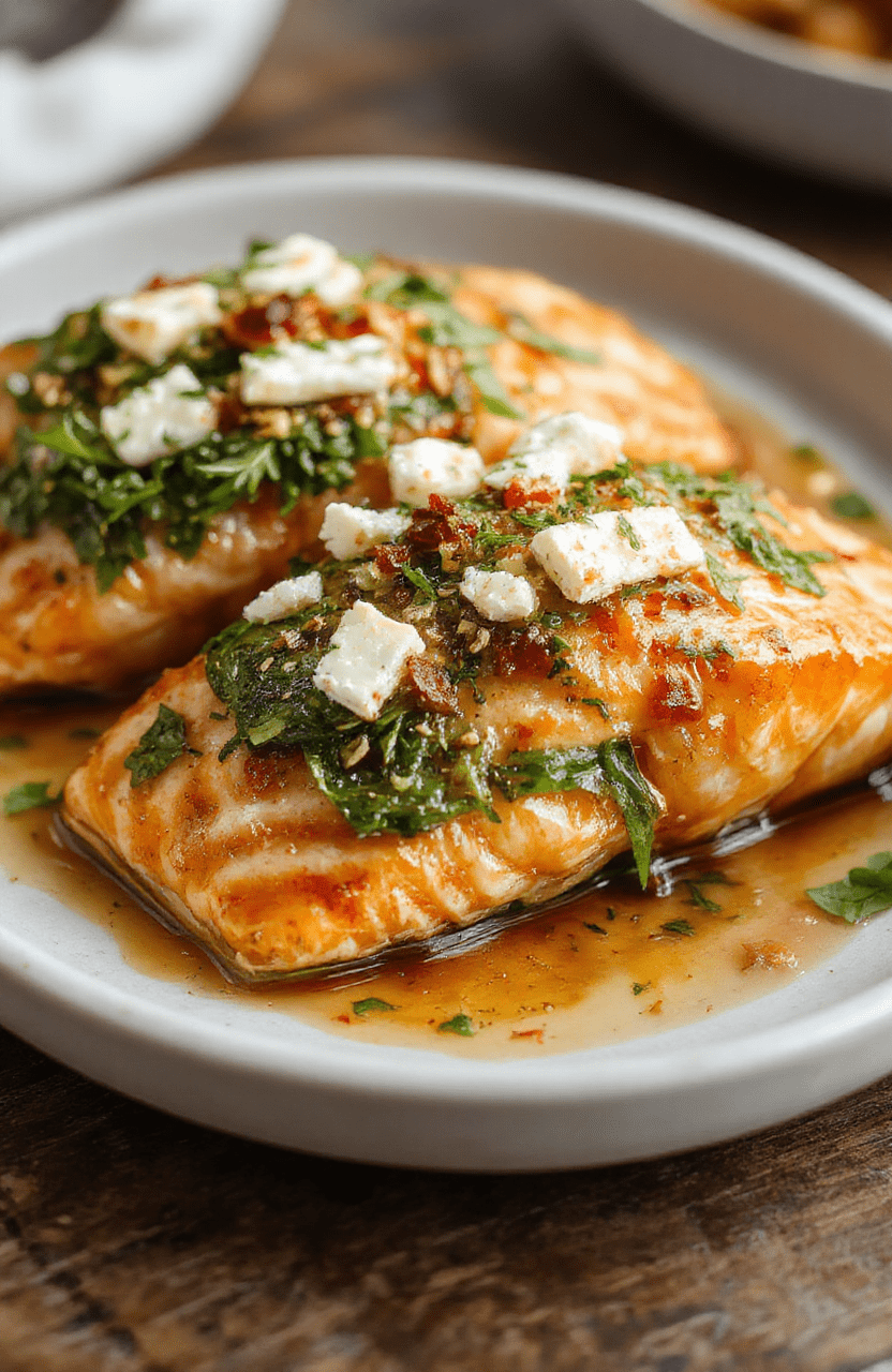 Colorful baked salmon fillet topped with fresh spinach and crumbled feta cheese, arranged on a white plate with lemon slices, glossy and textured skin, garnished with herbs, styled simply for an inviting presentation.