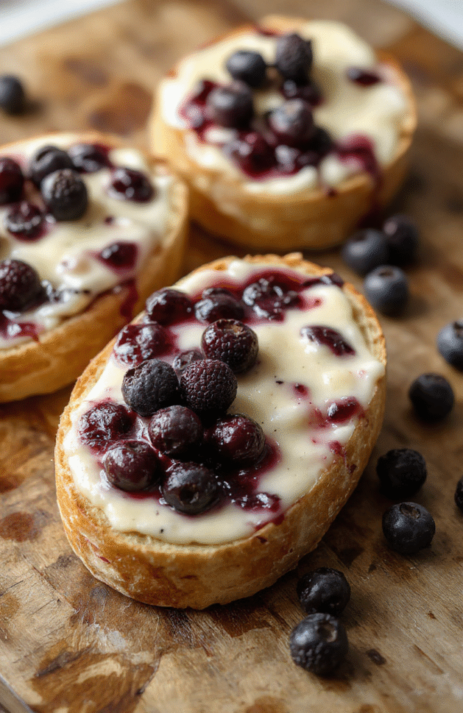 A close-up of a golden-brown blueberry cream cheese bread sliced open to reveal a creamy filling and dotted with fresh blueberries on top, presented on a rustic wooden board with a light dusting of powdered sugar, soft natural lighting highlighting the textures and vibrant colors.