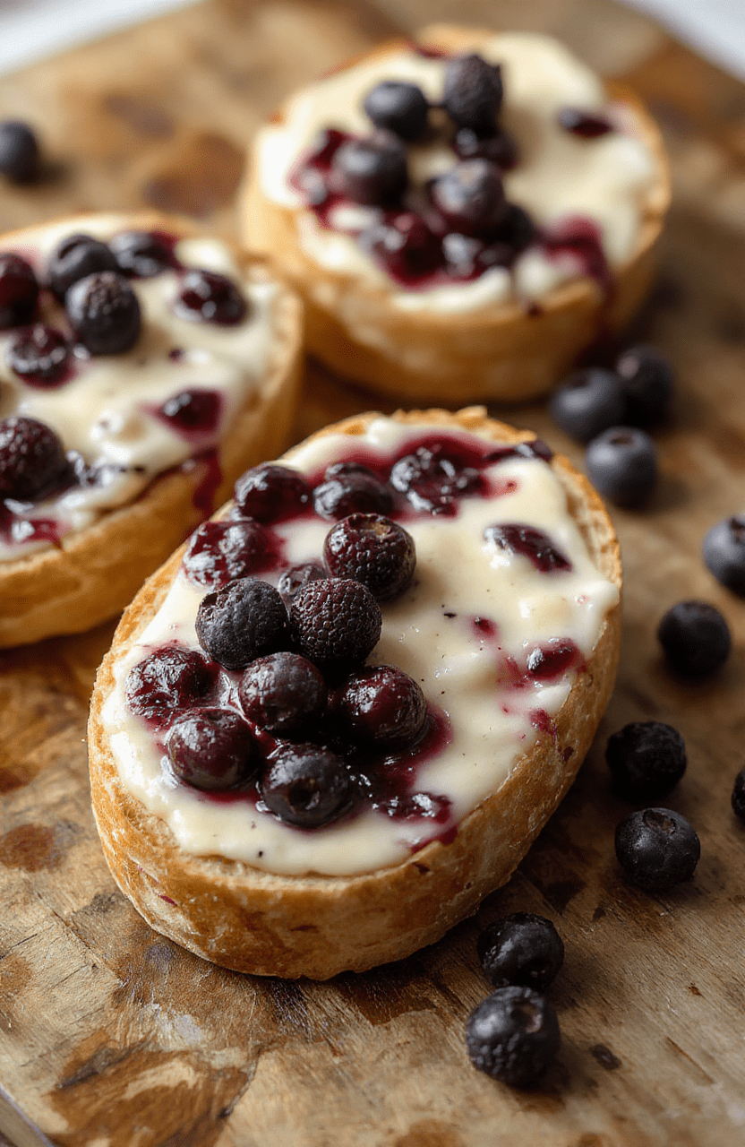 A close-up of a golden-brown blueberry cream cheese bread sliced open to reveal a creamy filling and dotted with fresh blueberries on top, presented on a rustic wooden board with a light dusting of powdered sugar, soft natural lighting highlighting the textures and vibrant colors.