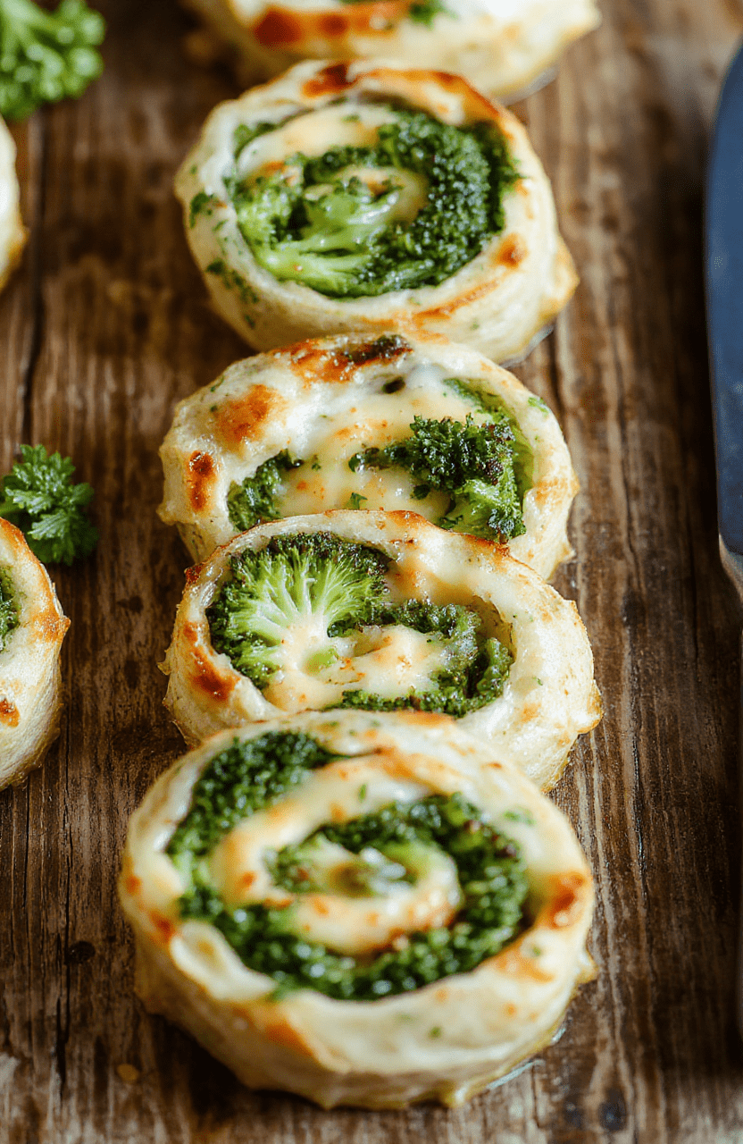 Colorful broccoli cheese pinwheels sliced to reveal vibrant green broccoli and melted golden cheese wrapped in flaky pastry, beautifully arranged on a white plate with a rustic wooden background, showcasing a textured, appetizing surface.