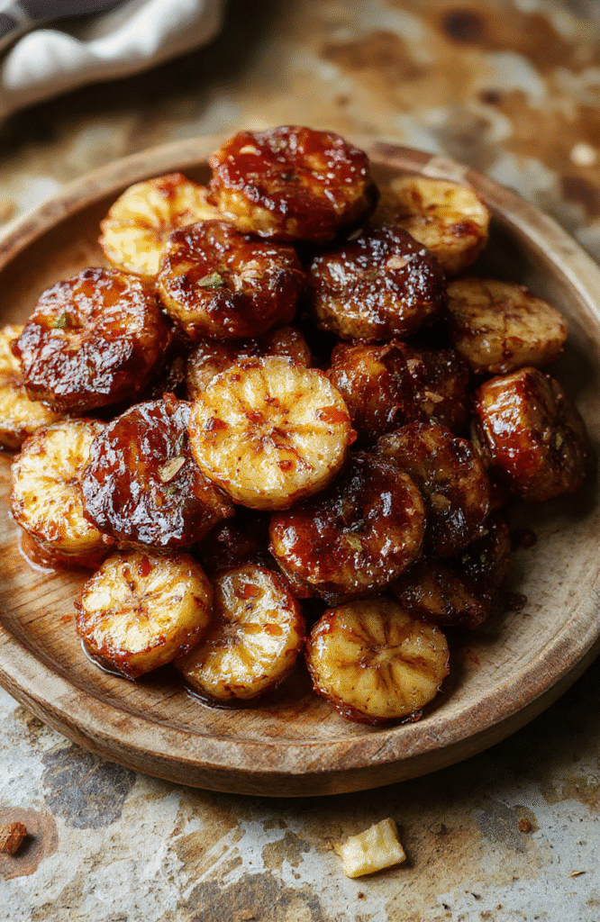Golden caramelized bananas with a glossy glaze, served on a rustic wooden plate with a sprinkle of cinnamon, surrounded by fresh bananas and caramel drizzles, capturing a cozy and inviting dessert.
