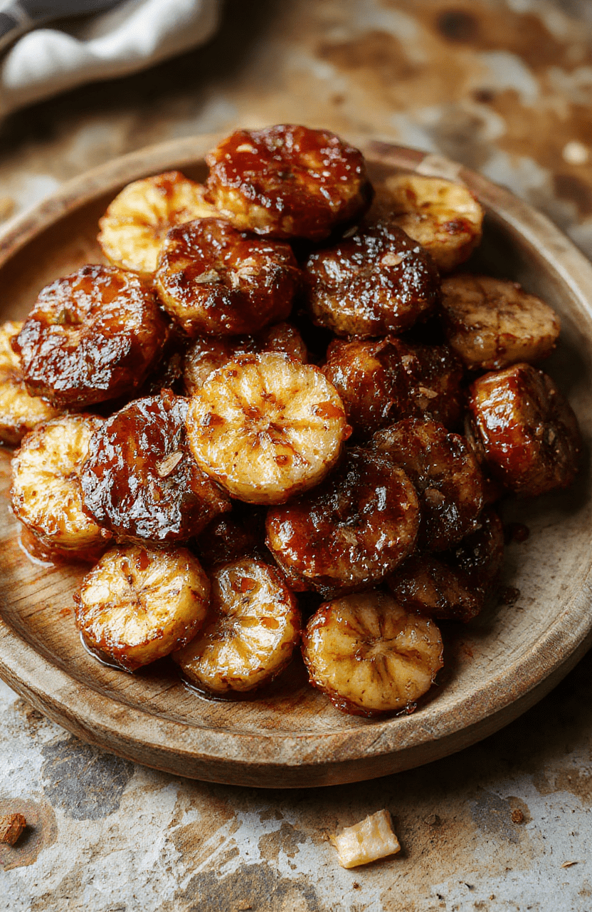 Golden caramelized bananas with a glossy glaze, served on a rustic wooden plate with a sprinkle of cinnamon, surrounded by fresh bananas and caramel drizzles, capturing a cozy and inviting dessert.