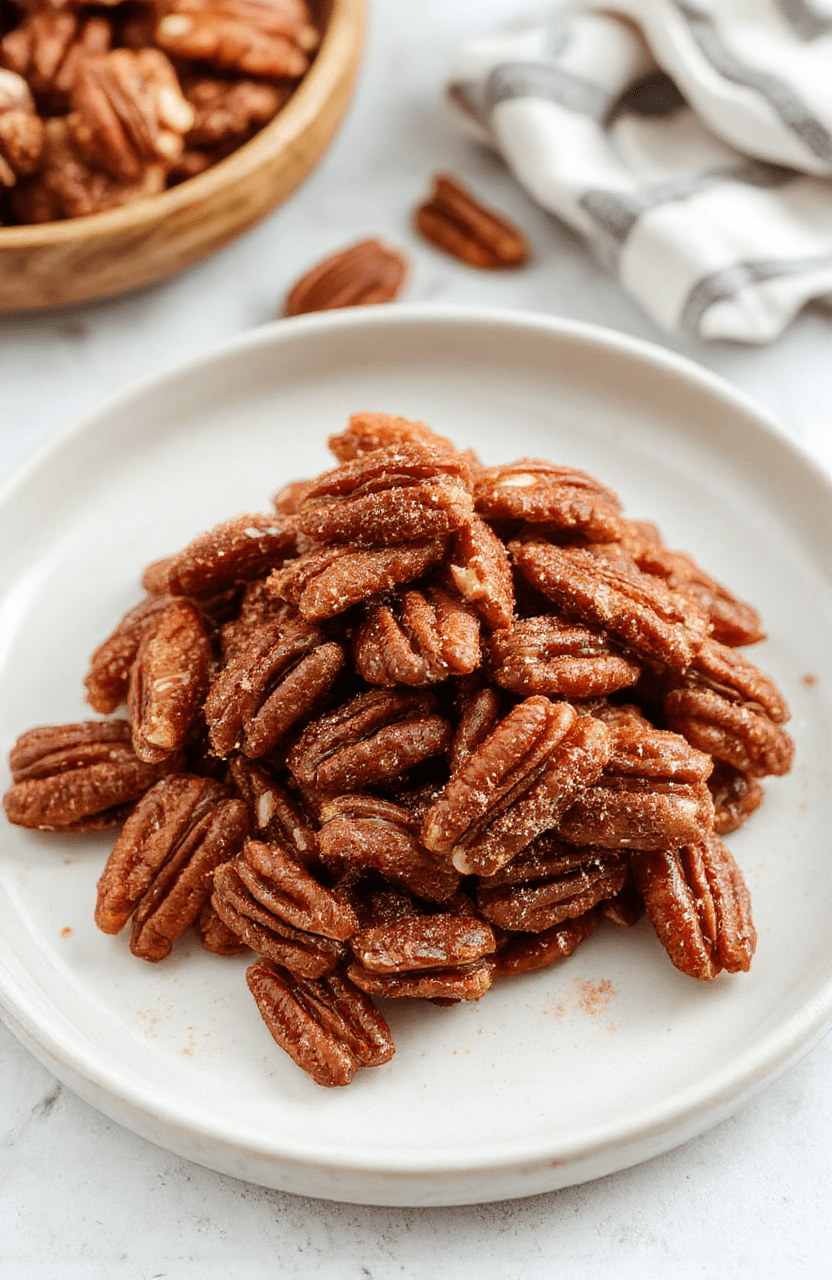 Golden brown pecans coated in cinnamon sugar sit neatly arranged on a rustic white plate, with a sprinkle of cinnamon and sugar visible. The glossy caramelized glaze highlights their crunchy texture, and a soft-focus background shows a cozy kitchen setting with warm lighting.