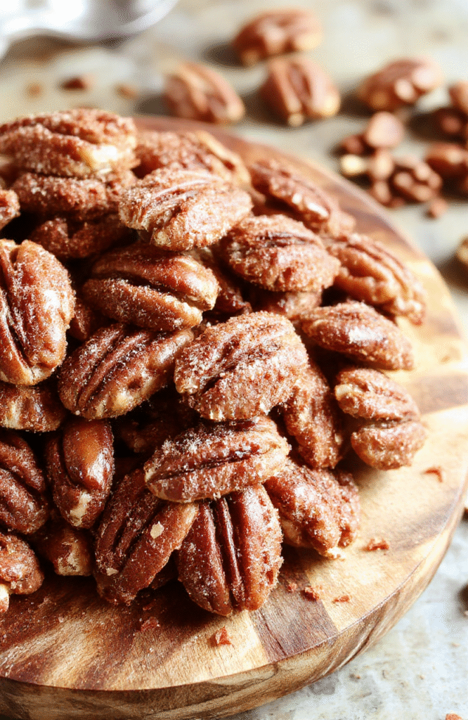 A close-up of glossy, golden-brown cinnamon sugar pecans arranged on a rustic wooden platter, sprinkled with cinnamon and sugar, with some pecans slightly clustered to showcase their crunchy texture and shiny coating.