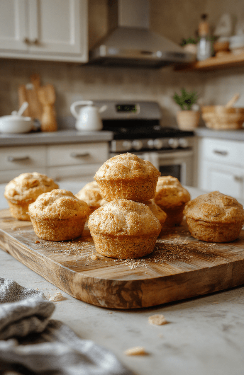 Colorful mini muffins arranged on a rustic wooden board with vibrant ingredients surrounding them, showcasing their soft, fluffy texture and golden-brown tops with a hint of sprinkle decorations for a playful and inviting presentation.