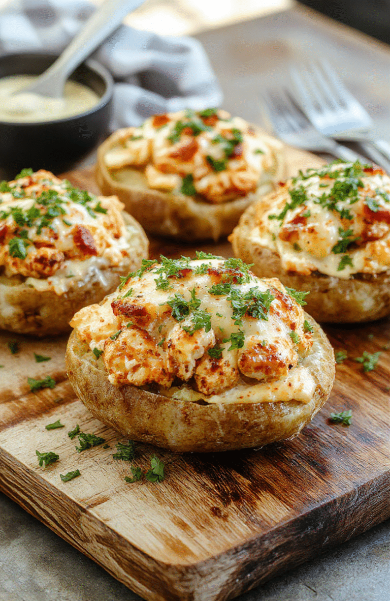 A close-up of a baked potato topped with shredded cheddar cheese, crispy bacon bits, green onions, and chunk of pulled chicken, all golden brown and creamy, styled on a rustic wooden board with a soft background, inviting and appetizing.