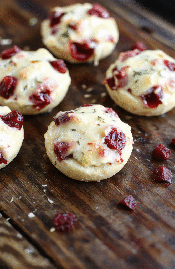 Colorful cranberry and melted brie cheese bites arranged on a porcelain plate. The bites feature golden pastry cups filled with creamy brie and topped with vibrant red cranberries and a drizzle of honey. The presentation is elegant with a rustic, holiday-themed styling, emphasizing textures like flaky pastry and smooth cheese, against a soft, blurred background of festive decorations.