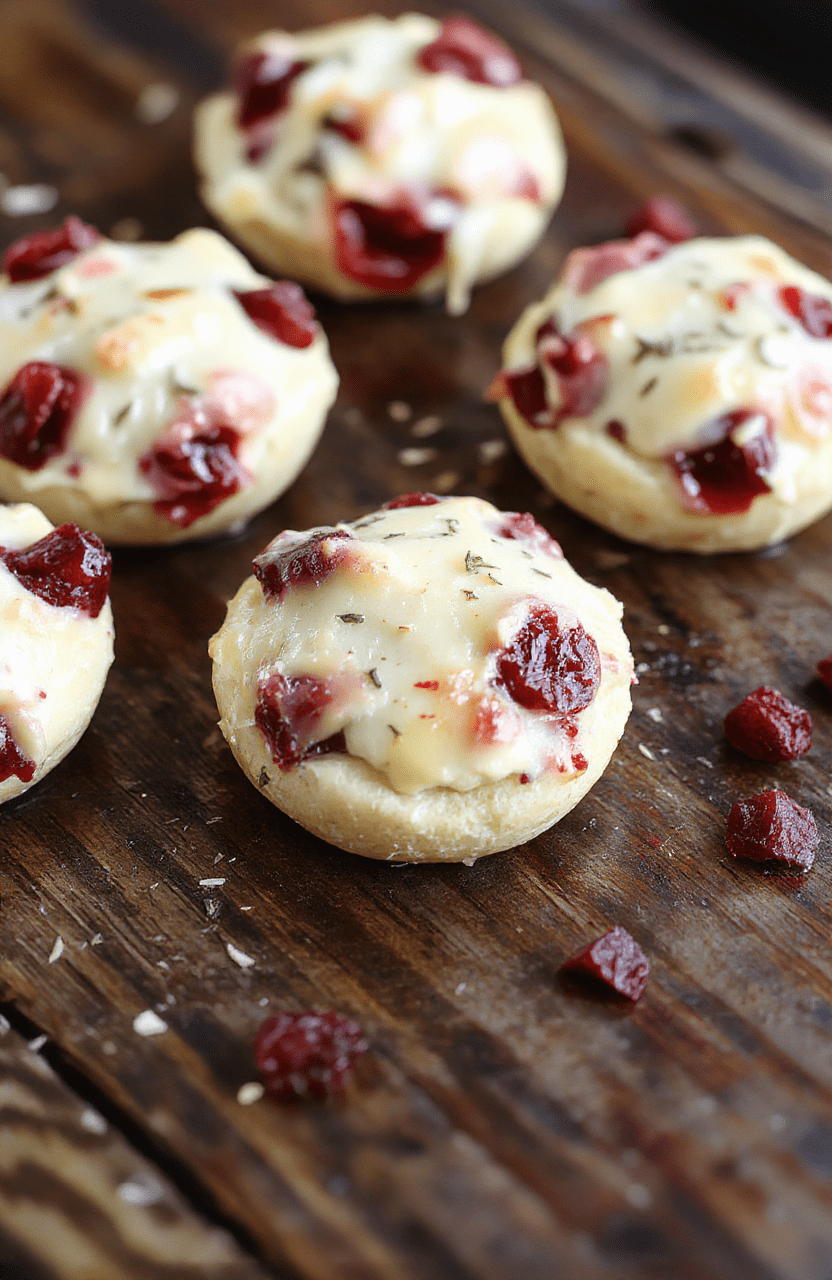 Colorful cranberry and melted brie cheese bites arranged on a porcelain plate. The bites feature golden pastry cups filled with creamy brie and topped with vibrant red cranberries and a drizzle of honey. The presentation is elegant with a rustic, holiday-themed styling, emphasizing textures like flaky pastry and smooth cheese, against a soft, blurred background of festive decorations.