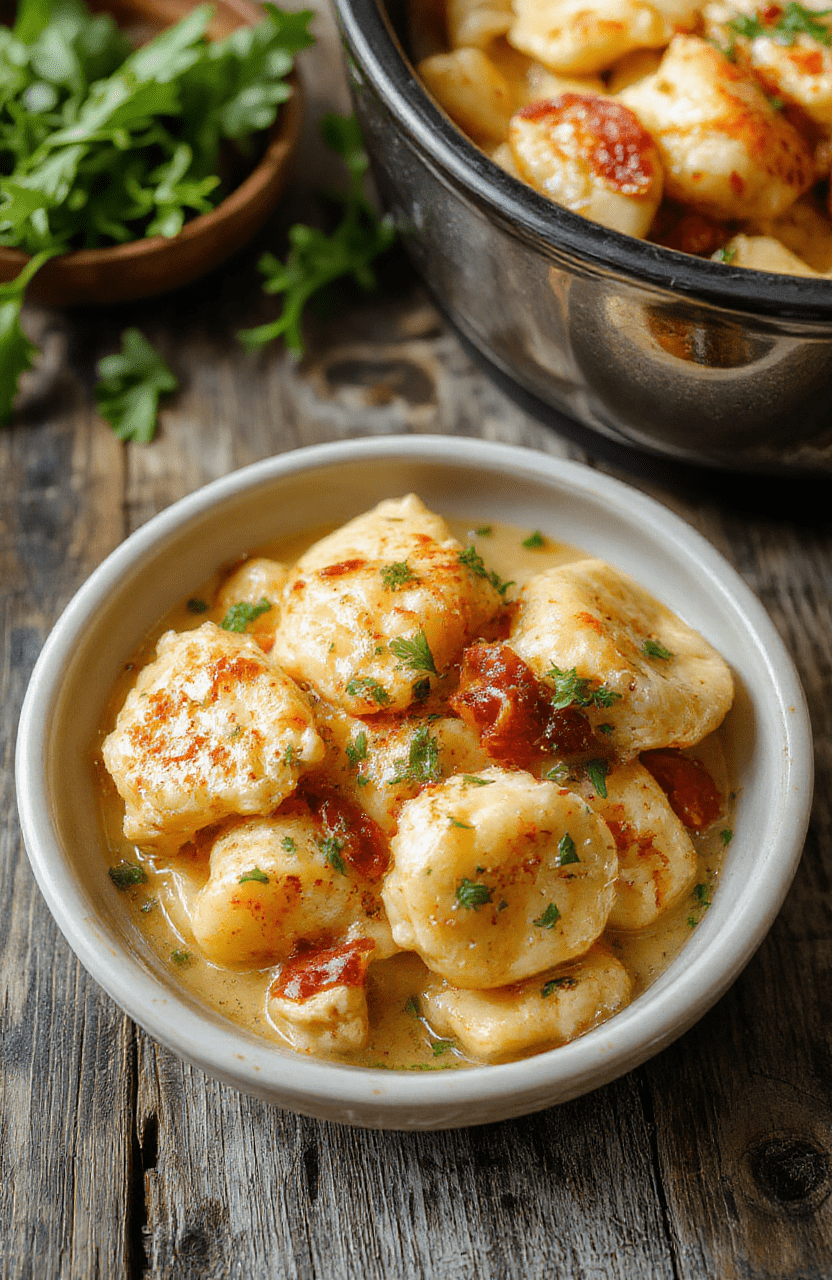 A colorful bowl of chicken tortellini in a creamy sauce, garnished with fresh herbs and grated cheese, placed on a rustic wooden table with natural lighting, highlighting the rich textures and vibrant ingredients.