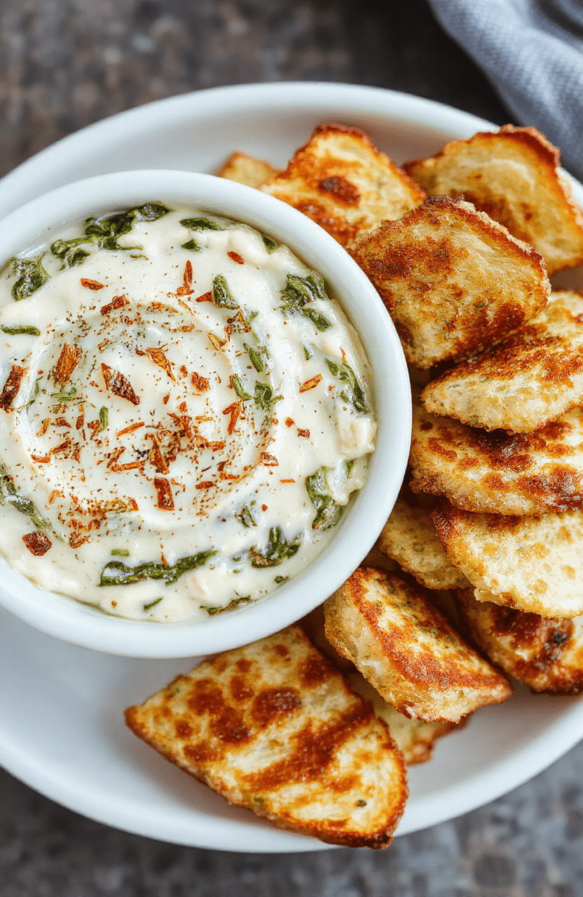A creamy, cheesy spinach artichoke dip served in a rustic white bowl. Garnished with fresh herbs and accompanied by toasted bread slices and veggie sticks, the dip has a smooth, luscious texture and vibrant green and golden tones, styled casually on a wooden table with natural lighting.