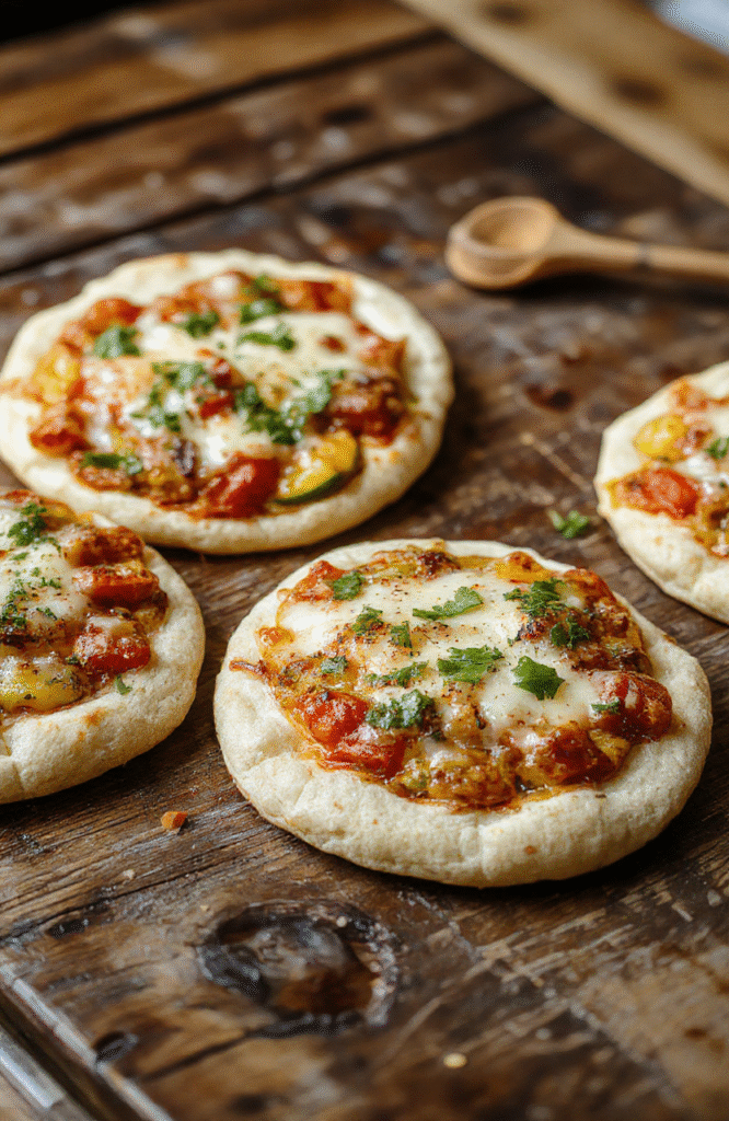 Colorful assortment of pita pizzas on a rustic wooden table, topped with vibrant vegetables and melted cheese, with crispy edges and fresh herbs, styled casually for an inviting appearance.