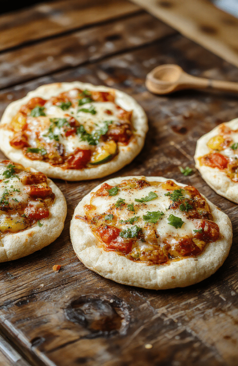 Colorful assortment of pita pizzas on a rustic wooden table, topped with vibrant vegetables and melted cheese, with crispy edges and fresh herbs, styled casually for an inviting appearance.
