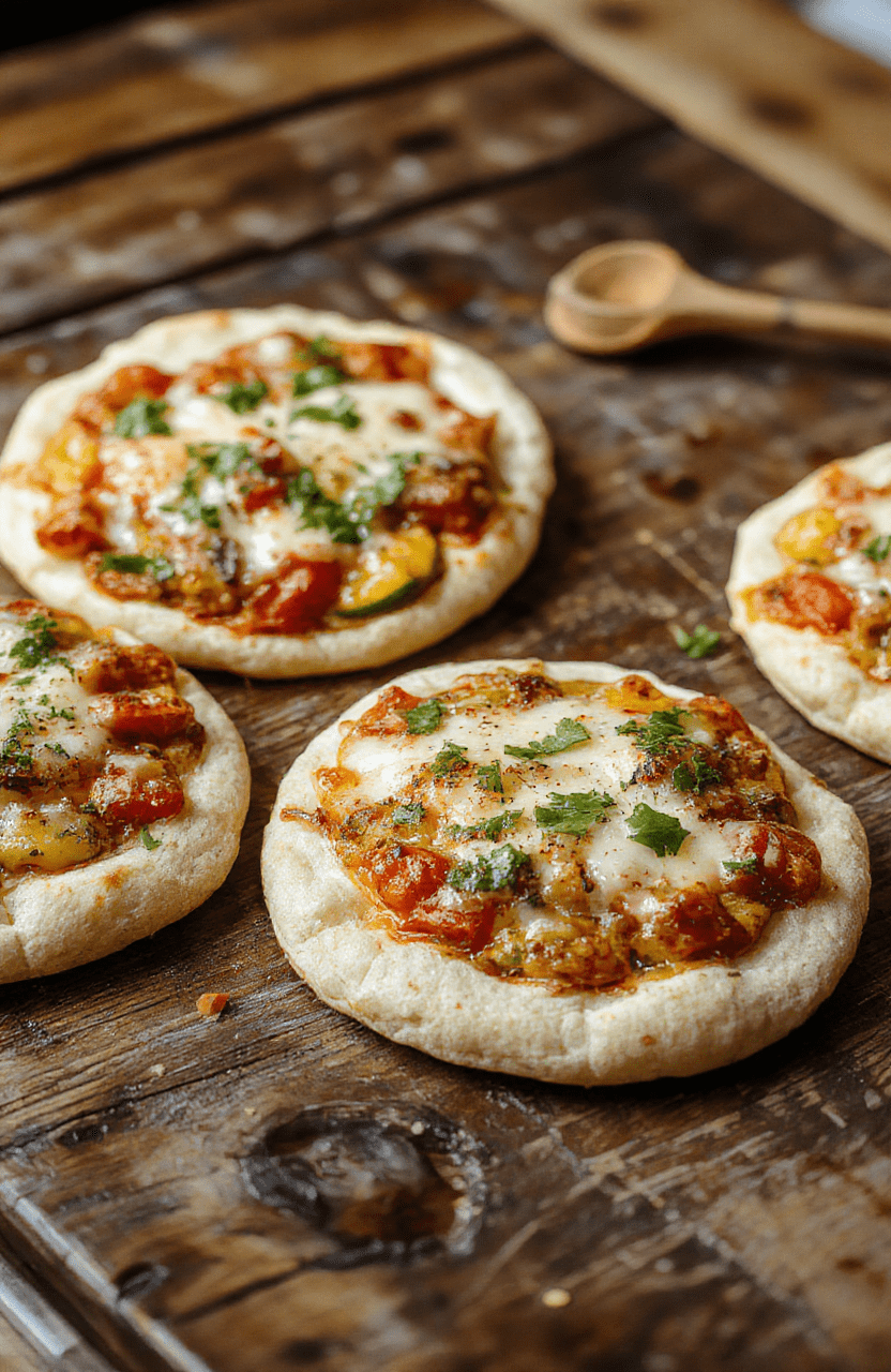Colorful assortment of pita pizzas on a rustic wooden table, topped with vibrant vegetables and melted cheese, with crispy edges and fresh herbs, styled casually for an inviting appearance.