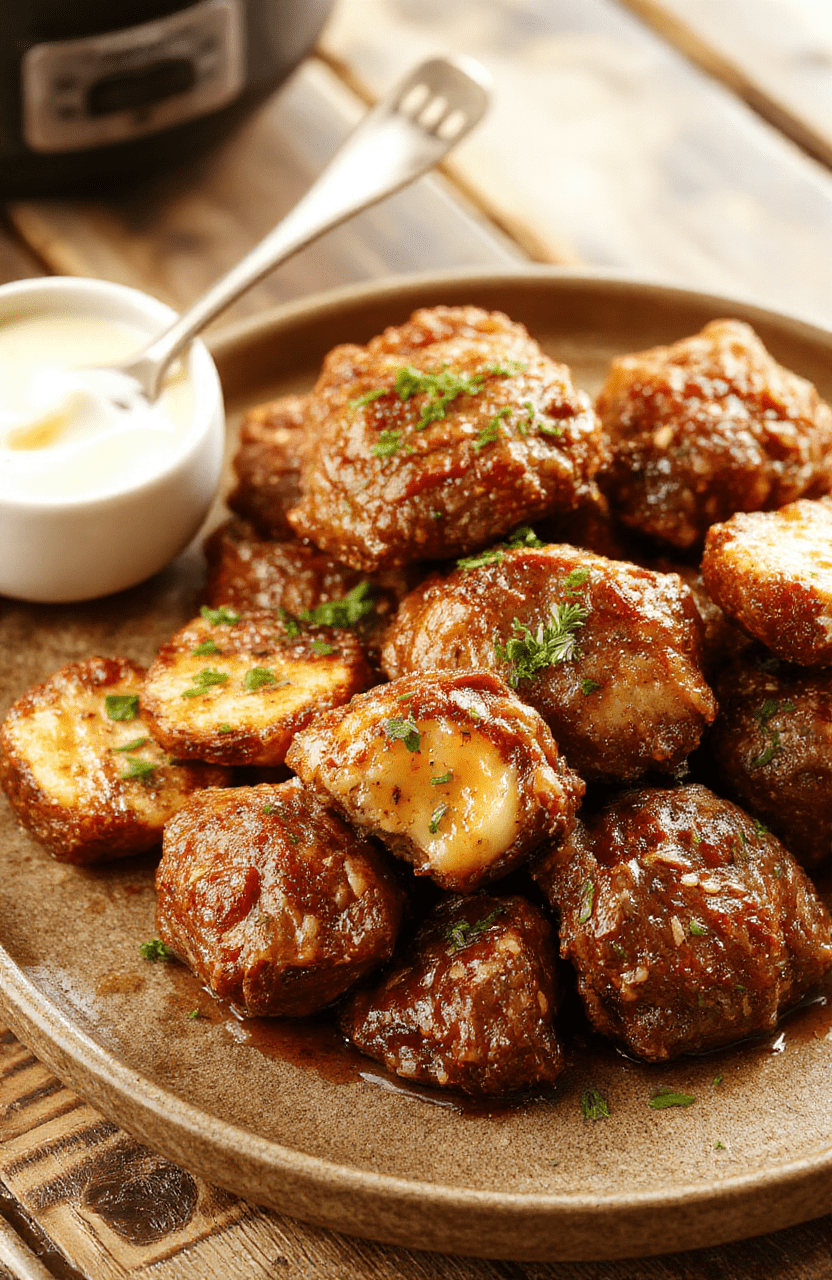A vibrant plate of tender beef bites glazed with garlic butter, garnished with fresh herbs, served on a rustic wooden surface with a sprig of rosemary, showcasing a glossy texture and appealing presentation with a rich, savory color palette.