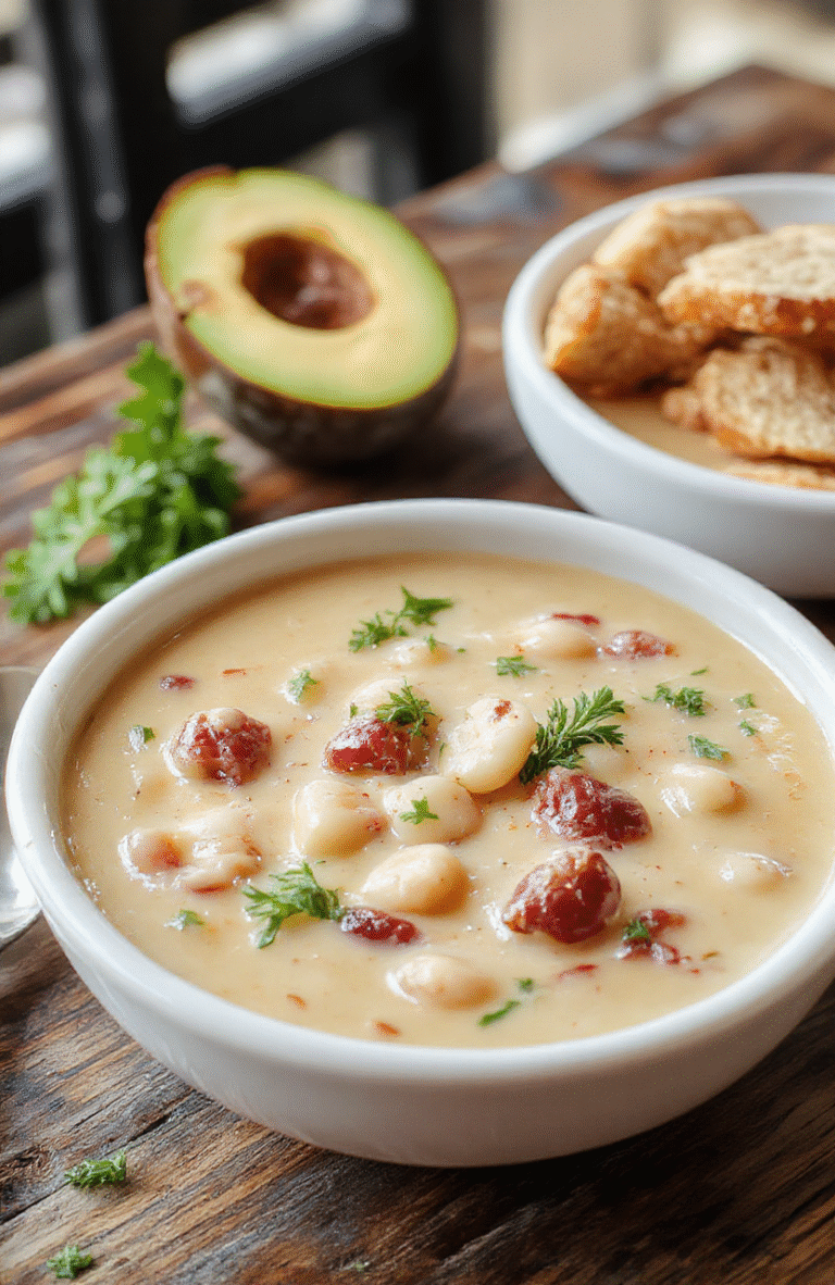 A vibrant bowl of white bean soup topped with fresh herbs, drizzled olive oil, and a slice of crusty bread on a rustic wooden table, showcasing creamy texture and fresh ingredients with a cozy autumn backdrop.