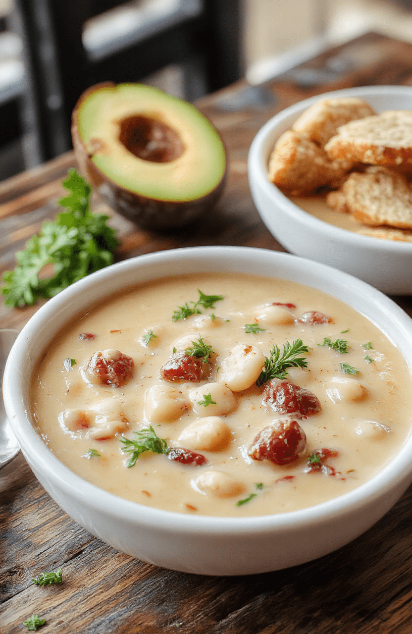 A vibrant bowl of white bean soup topped with fresh herbs, drizzled olive oil, and a slice of crusty bread on a rustic wooden table, showcasing creamy texture and fresh ingredients with a cozy autumn backdrop.