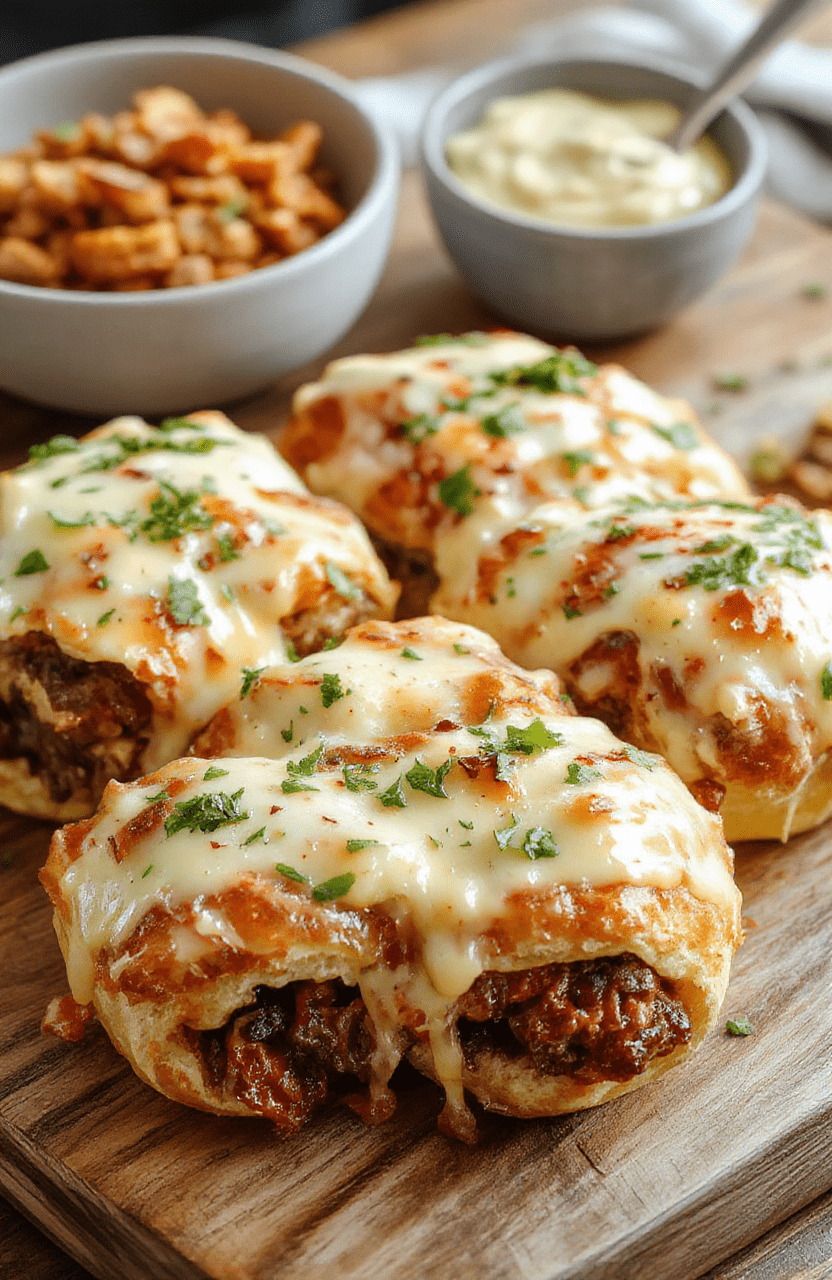 Colorful Philly cheesesteak rolls arranged on a rustic wooden board, showcasing golden-brown edges, melty cheese, sliced beef, and vibrant green peppers with a soft, flaky crust.